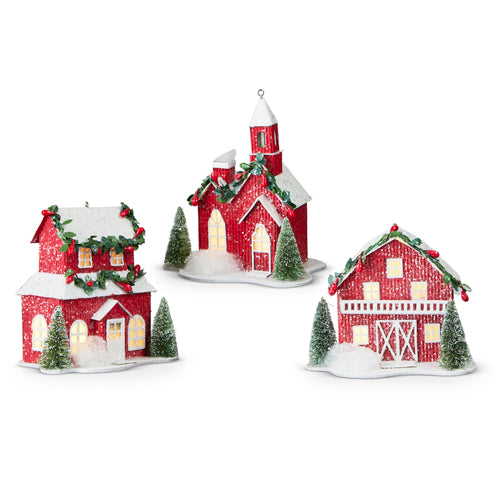 5.5" Red Lighted Paper House Ornament 3 Assortments (4212500)