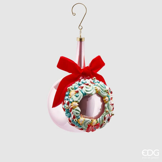 Large Pink Glass Bauble with Wreath 10cm