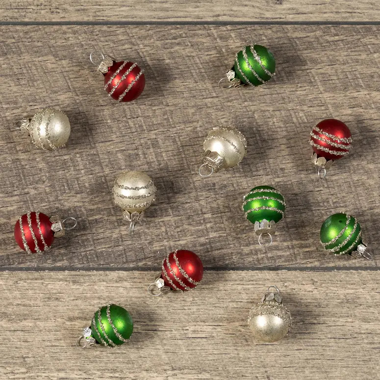 Set/ 12 Mini Glitter Striped Ball Ornaments