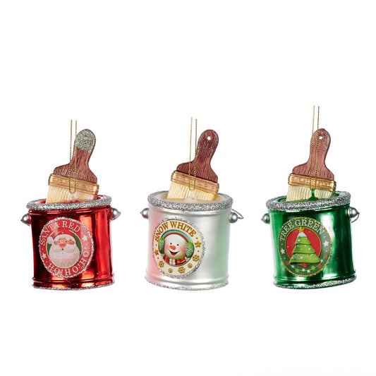 Glass Xmas Paint Buckets Brush Ornament 3 Assortments