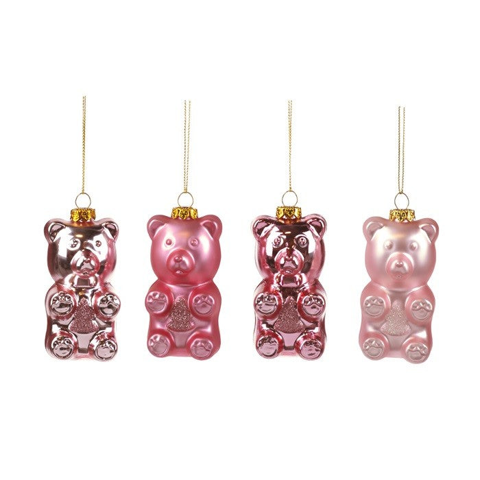 Glass Christmas Gummy Bear Pink Ornaments Set of 4