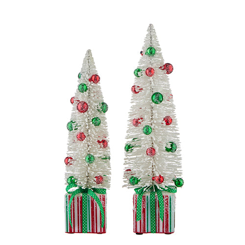 18" Bottle Brush Trees with Ornaments on a Present