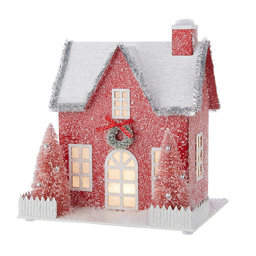 9.25" Flocked Lighted Paper House - 3 Colours