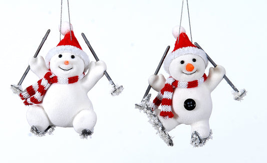 Plastic and flock skiing snowman ornament 11cm (98491) - 1 piece