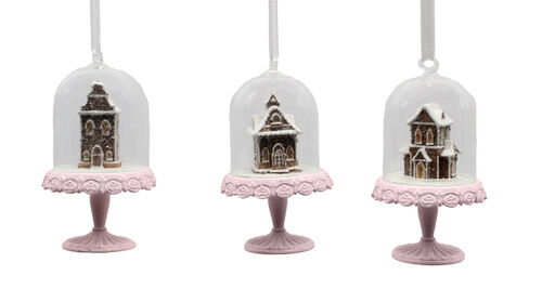 3 Asst Gingerbread Houses in Cloche Orn (29-29473) - 1 Piece