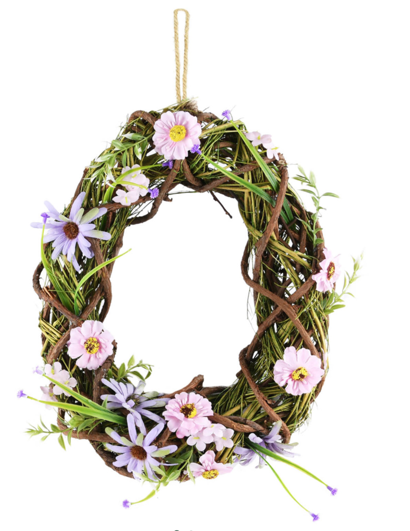 Wreath egg shaped w/flowers, natural/pink