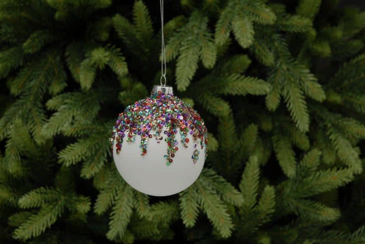 P023738 - 8cm White Glass Ball with Sequins