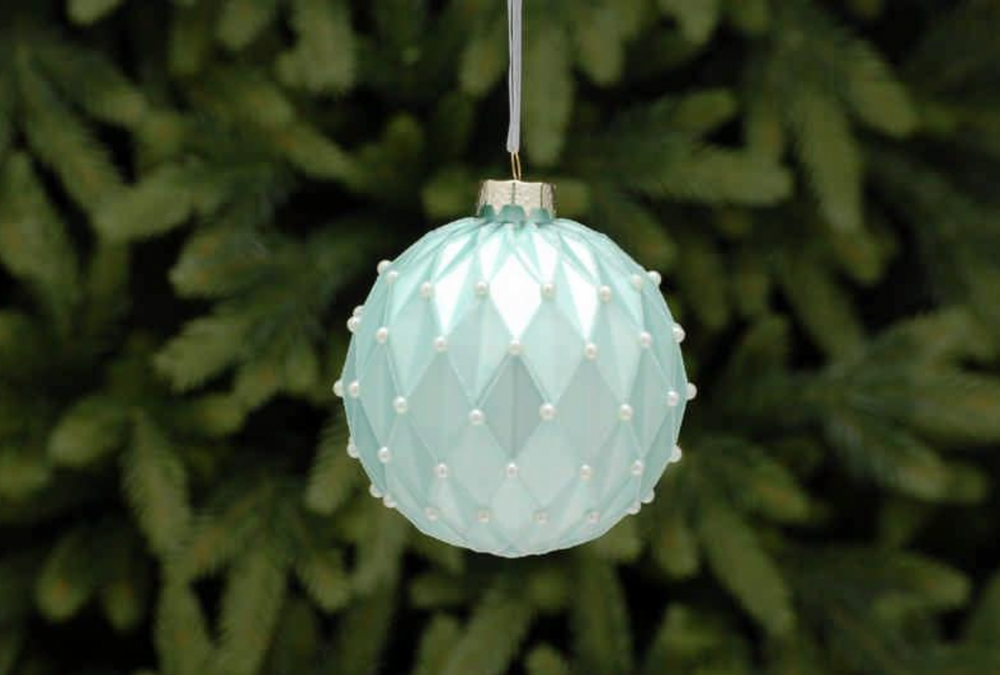 P034868 - 10cm Duck Egg Blue With Gold Geometric Glass Ball