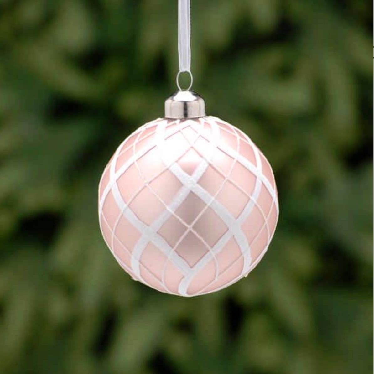 P039175 - 8cm Blush Pink Glass Ball - Frosted Tartan Design