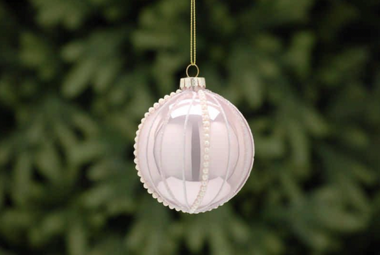 P039658 - 8cm Light Pink - White Glitter / Gems Glass Ball