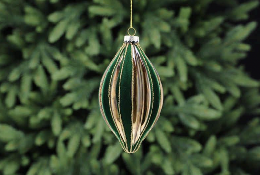 P040240 - 15cm Gold With Green Flocked Segments Glass Bauble