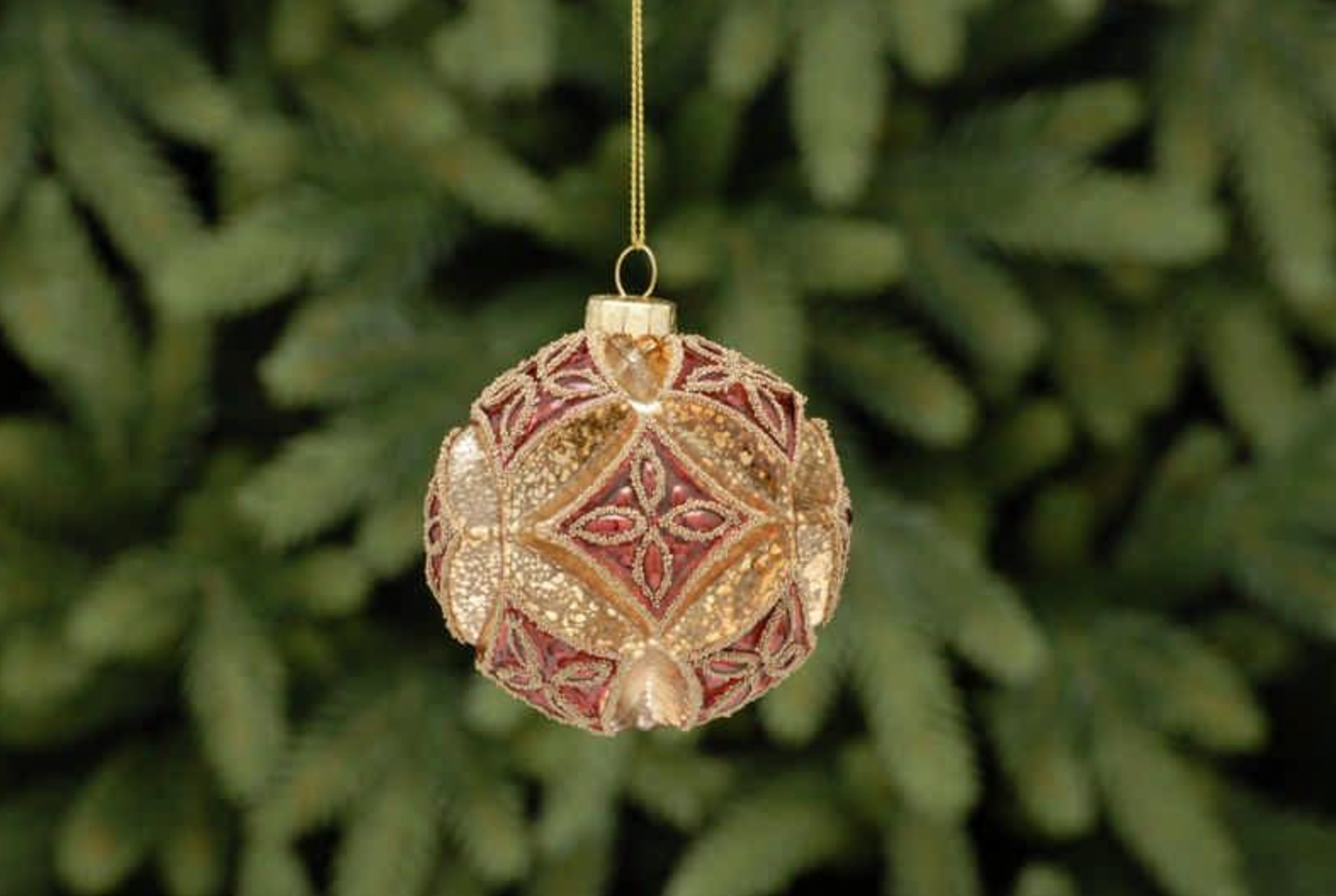P034600 - 8cm Gold And Red Flower Design Glass Ball