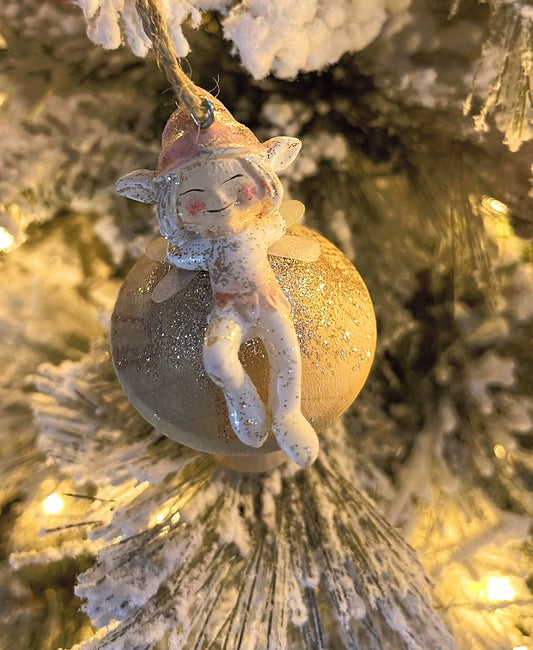 Wood Mushroom with Elf Christmas Ornaments
